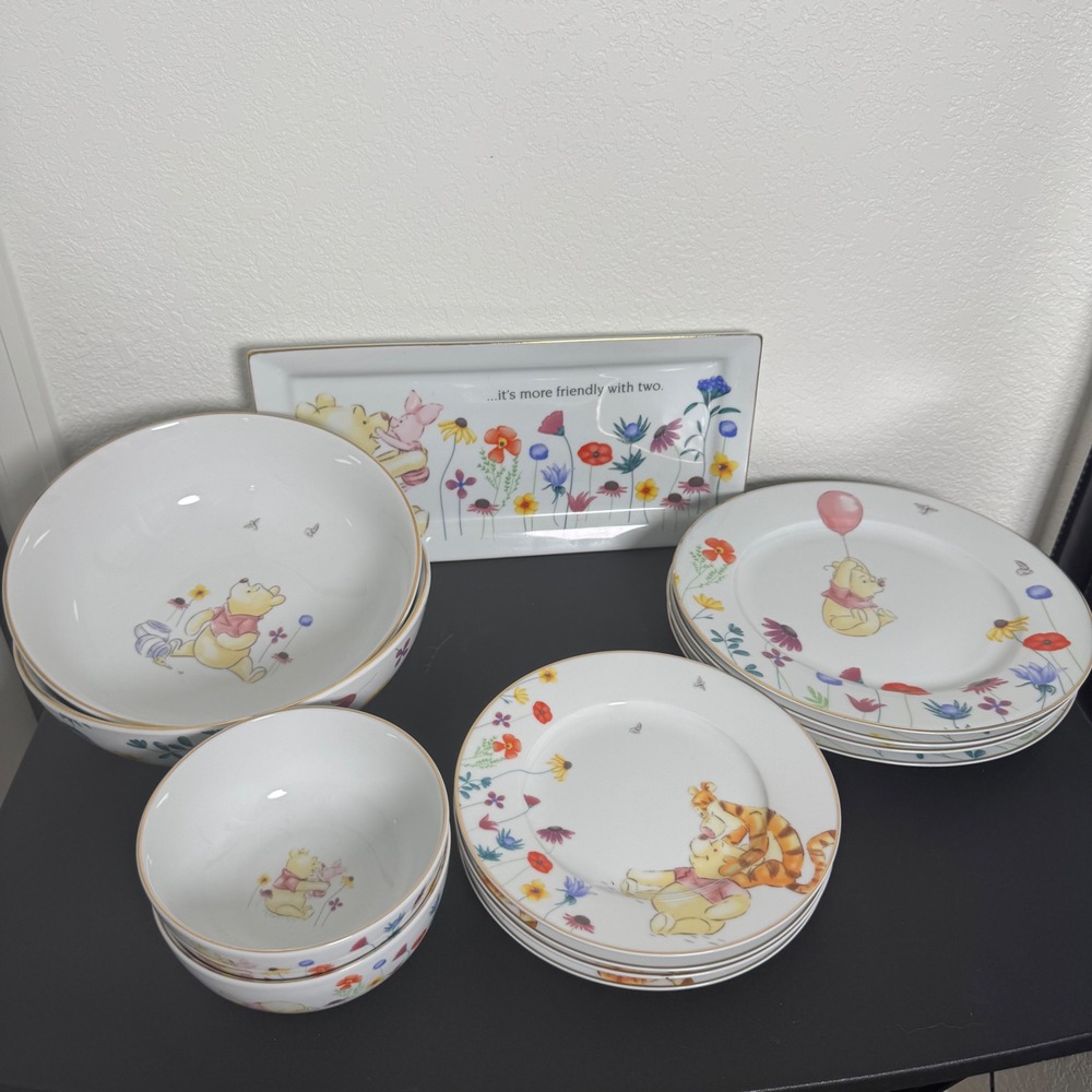 Disney Winnie the Pooh Dinnerware Set White Floral Gold Rim Plates Bowls Platter